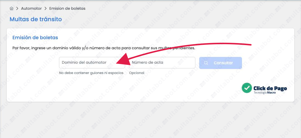 Formulario de Rentas Municipal para consultar multas de Salta Capital por patente o acta