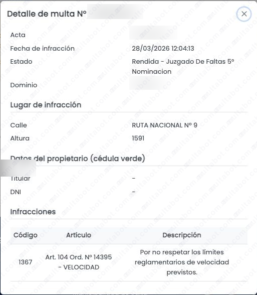 Detalle de una multa de Salta Capital con fecha, estado, juzgado, lugar y descripción