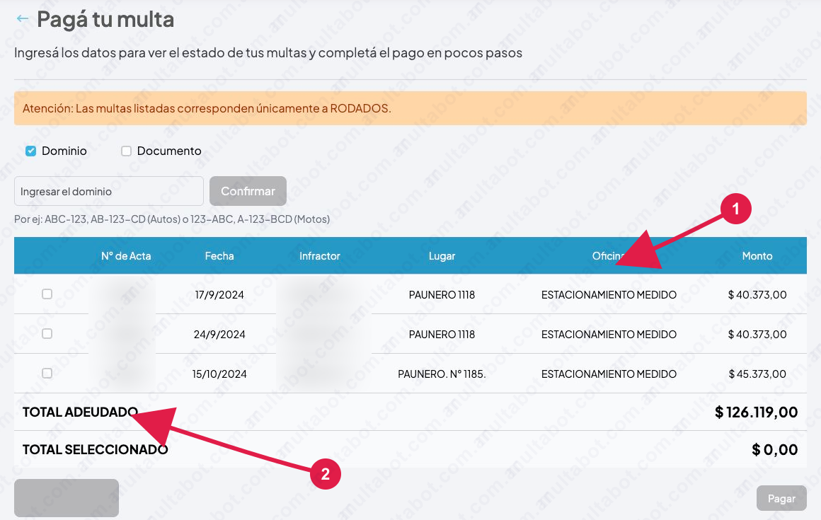 Portal municipal de San Miguel con una tabla de multas por fecha, lugar, oficina y monto