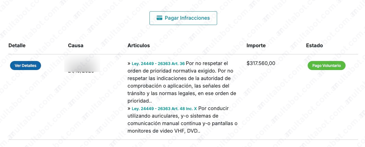 Listado de multas municipales con fecha, motivos, importe y estado