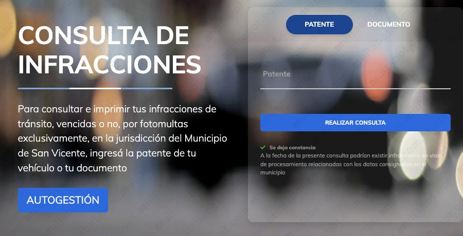 Formulario del portal de multas de San Vicente para consultar por patente o documento