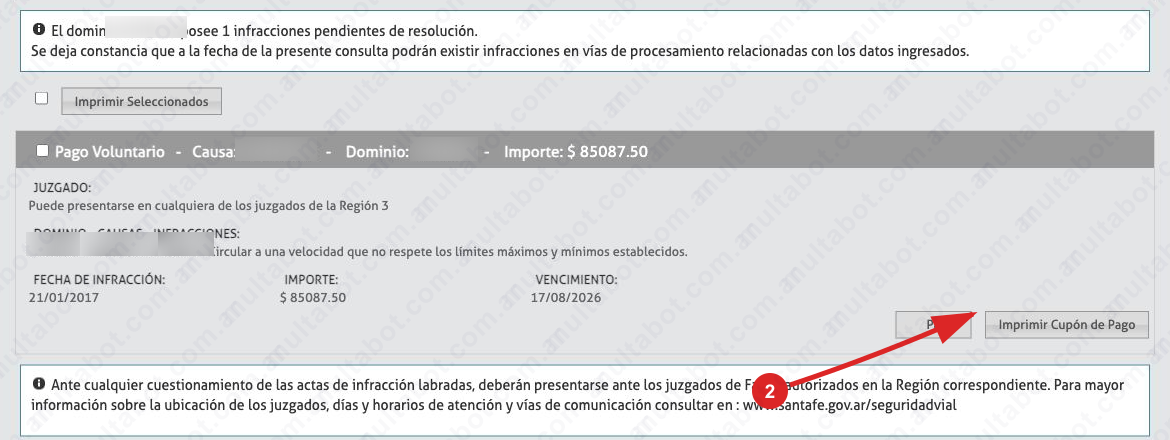 Resultado del Juzgado Virtual de Santa Fe con una infracción pendiente, importe, vencimiento y opciones de pago