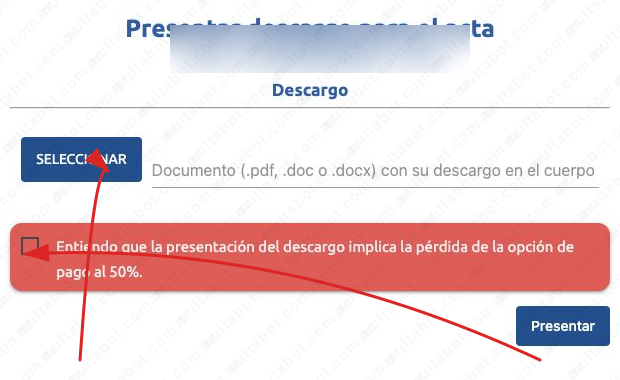 Formulario de descargo de Santa Rosa con carga de documento y aviso sobre el pago al cincuenta por ciento