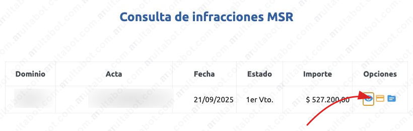 Tabla de infracciones de Santa Rosa con fecha, estado, importe y opciones de gestión
