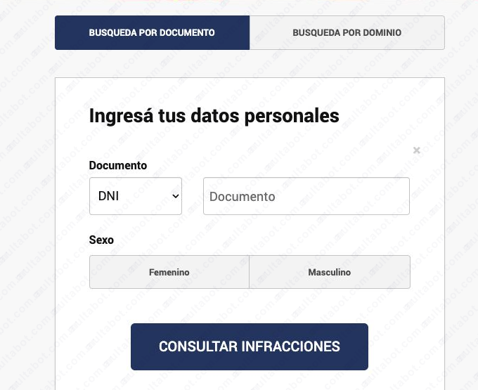 Formulario del SINAI para elegir tipo de documento, ingresar el número y seleccionar sexo
