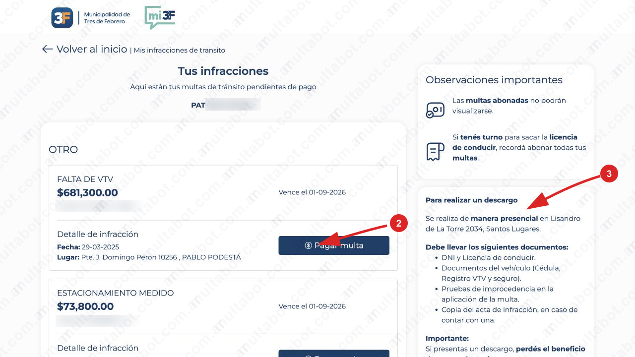 Resultado de Mi3F con tipo de infracción, importe, vencimiento, fecha, lugar y botón Pagar multa