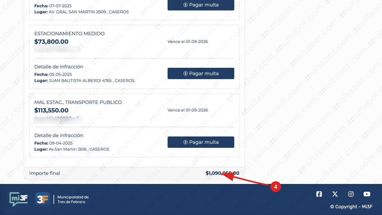 Final del listado de Mi3F con multas pendientes, botones de pago e importe final