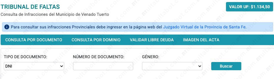 Formulario del Tribunal de Faltas de Venado Tuerto para consultar multas por DNI o CUIT