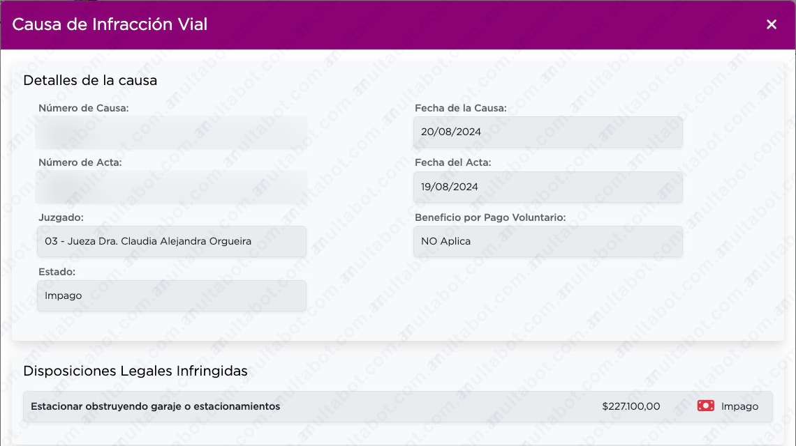 Detalle municipal de una causa de Vicente López con fechas, juzgado, pago voluntario, estado, infracción e importe