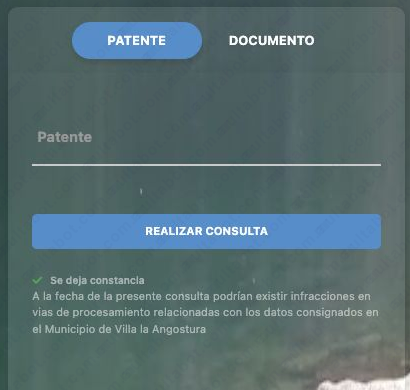 Formulario para consultar fotomultas de Villa La Angostura por patente o documento